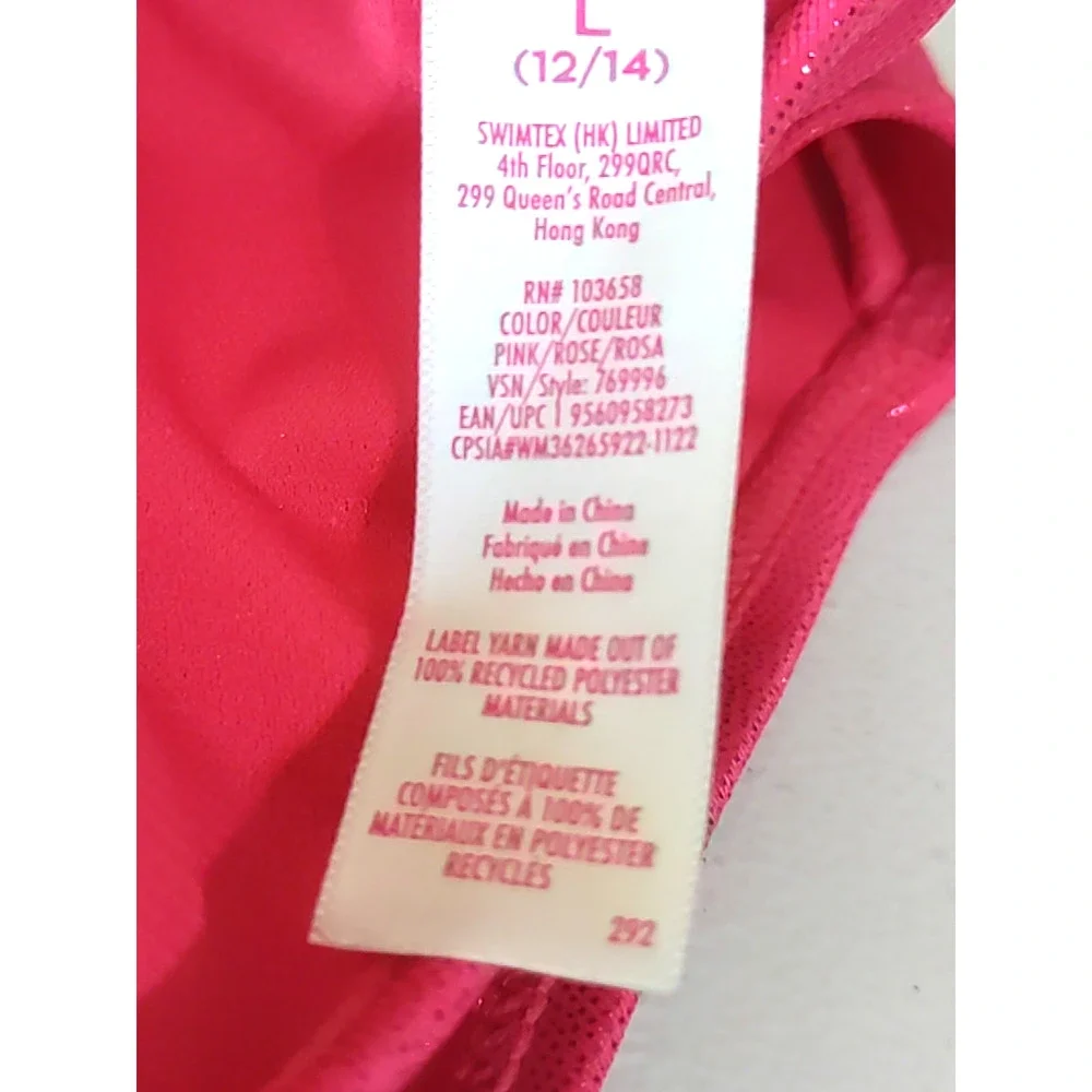 Justice Sport Girls Bathing Suit Bakini Hot Pink Black Metallic Size L 12/ 14